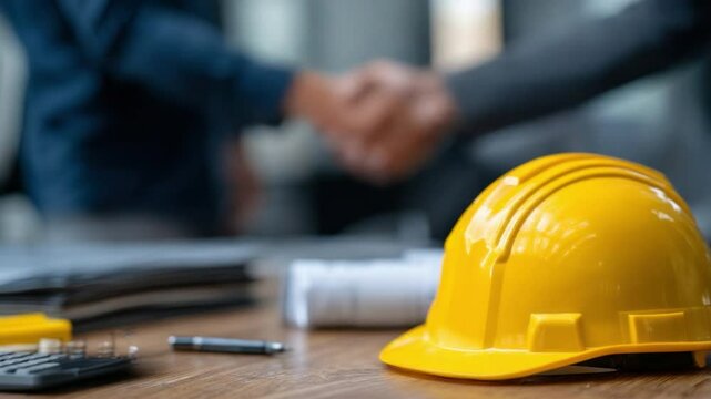 Construction Deal Closed: A yellow hard hat rests on a table in the foreground, symbolizing a construction project or deal.  In the blurred background, two people shake hands.