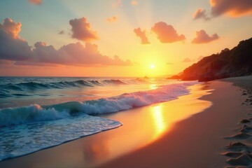 Serene coastal scene at sunset, soft golden light illuminating the tranquil beach and gently lapping waves  Perfect for travel, vacation, or relaxation themes , orange, beautiful