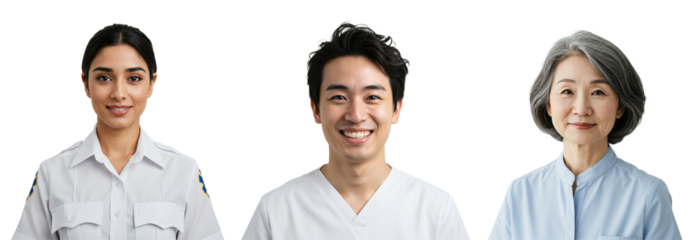 Diverse Healthcare Professionals Portraits - Young Female Doctor, Smiling Male Nurse, and Elderly Female Caregiver