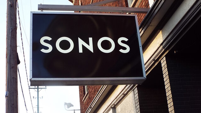 Ottawa, ON, Canada-May 27,2025: A rectangular, black sign with the word "SONOS" at 685 Bank Street.
