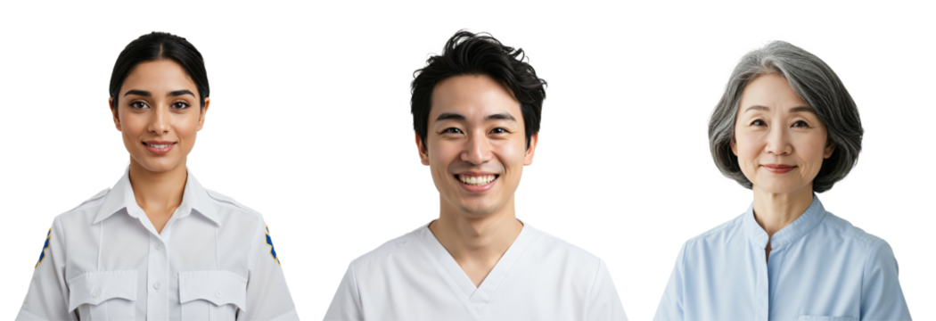 Diverse Healthcare Professionals Portraits - Young Female Doctor, Smiling Male Nurse, and Elderly Female Caregiver