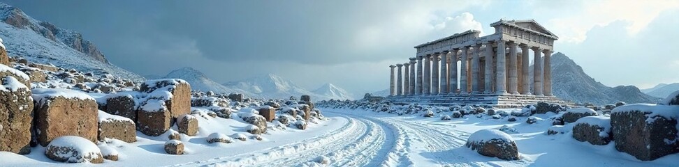 Fototapeta premium Ancient Greek ruins dusted with snow, icy winds whipping through crumbling columns under a bleak winter sky A scene of serene, cold beauty and historical significance , frozen, winter, history