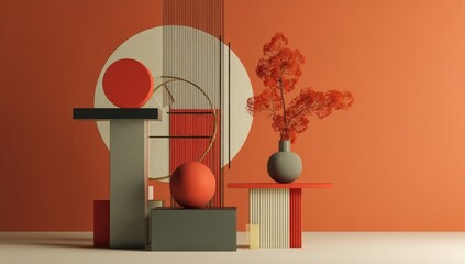 Minimalist still life featuring geometric forms in muted orange, grey, and red against a terracotta backdrop; includes a stylized plant arrangement