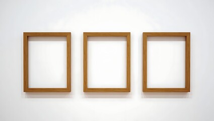 Three Empty Wooden Picture Frames on White Wall