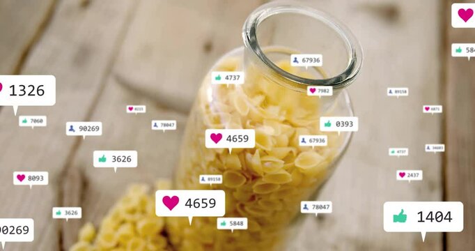 When pause ends, social media metric bubbles popping around jar spilling pasta, showing engagement