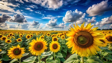 Obraz premium A field of sunflowers stretches under a bright blue sky with fluffy white clouds.