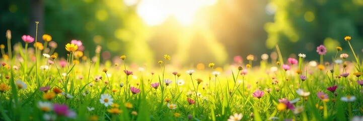 Sunlight dapples a vibrant meadow bursting with wildflowers, a gentle breeze rustling through the tall grass, conveying a sense of carefree spring joy ,  yellow,  sunlight,  spring