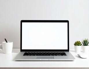 Fototapeta premium Minimalist workspace with laptop coffee mug and succulents on a white desk
