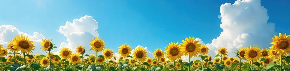 Fototapeta premium Vibrant sunflowers stretch towards a breathtaking, vast blue sky, creating a stunning natural scene Perfect for nature, summer, or agriculture themes , overcast sky, sunflowers, beauty