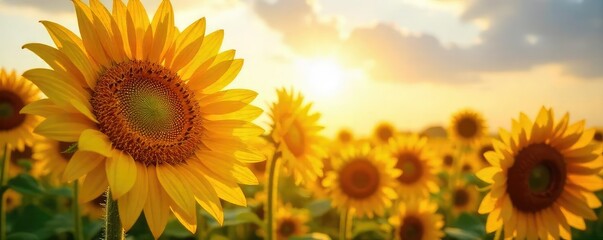 Obraz premium Vibrant sunflowers basking in the warm glow of sunlight, their faces tilted towards the golden rays A breathtaking display of nature's beauty and the power of the sun , rays, petals