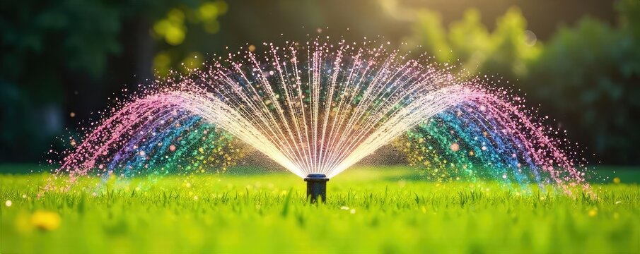 Vibrant rainbow arc of water sprays from a rotating sprinkler, creating a cheerful, colorful spectacle in a lush green lawn  Perfect for summer, garden, and playful themes , fun, plants, fresh