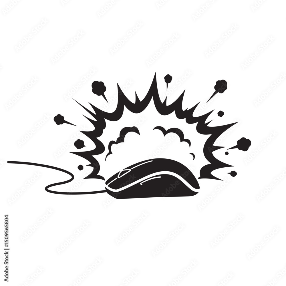 Poster black and white silhouette graphic depicting a computer mouse causing an explosion, representing a c