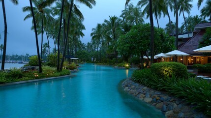 Infinity pool surrounded by lush palm trees at tropical island resort during golden evening light, peaceful and exotic summer destination captured in high detail