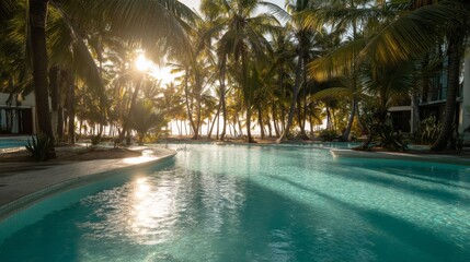 Fototapeta premium Infinity pool surrounded by lush palm trees at tropical island resort during golden evening light, peaceful and exotic summer destination captured in high detail