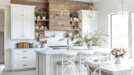 A bright and airy farmhouse style kitchen with wooden accents.