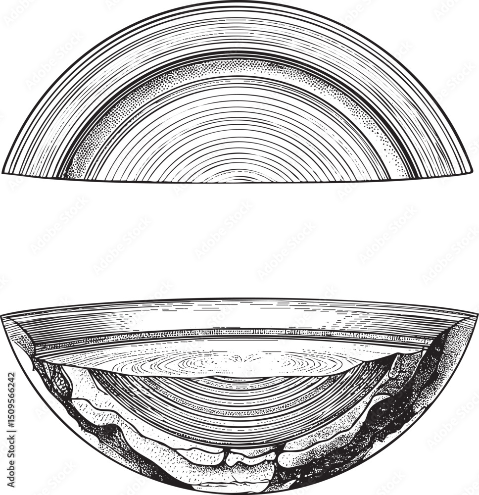 Aufkleber two stylized halves reveal concentric circular within a segmented form.