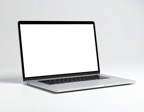 Modern laptop with a blank white screen on a white background angled view