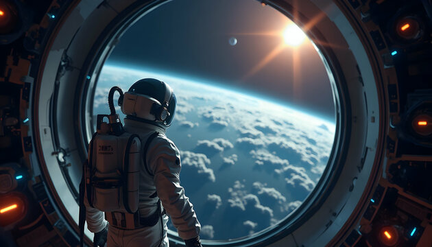 Astronaut Gazing at Earth Through Spacecraft Window