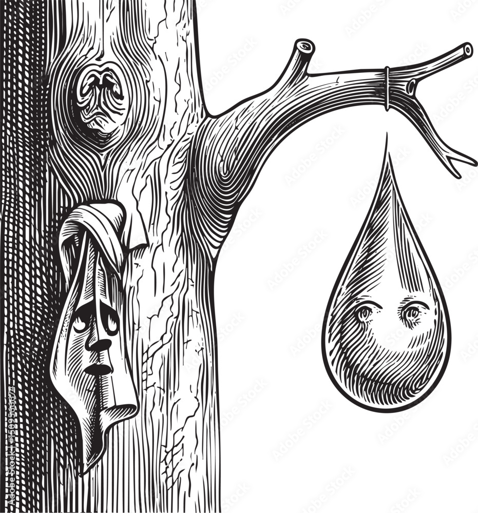 Poster weeping face clings to a tree trunk with a single teardrop nearby.