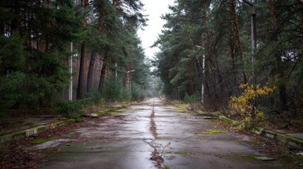 Obraz premium Overgrown Abandoned Road in Pine Forest Eerie Atmosphere