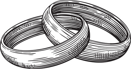 Two interlocking wedding rings rest on a white surface.