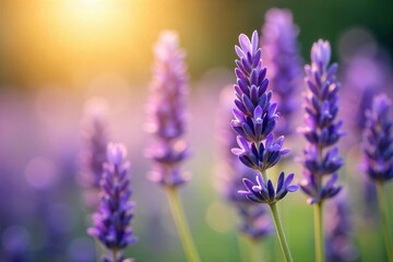 Fototapeta premium Close-up of blooming lavender flowers, bathed in soft sunlight, exuding a calming, mellow aroma Perfect for relaxation and aromatherapy themes , spring, texture, close up