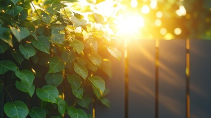 Lush foliage and sunlight filtering through a fence