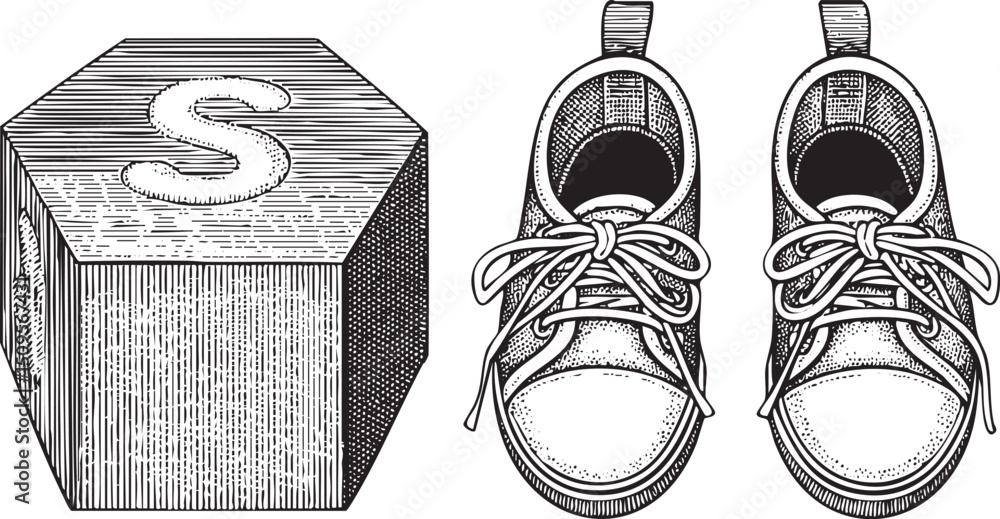 Poster black and white depicts a hexagonal block with an ‘s’ and two pairs of shoes.