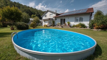 A large round above-ground pool glistens in a sunny backyard, surrounded by lush green grass and diverse plants, with a cozy house equipped with solar panels in the backdrop