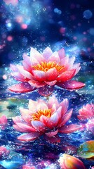 Two luminous pink water lilies, glistening with water droplets, float serenely on a dark, shimmering, blue-tinged pond under a magical, bokeh-filled sky
