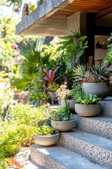 Fototapeta premium Modern outdoor garden steps with planters