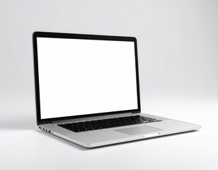 Silver laptop with a blank white screen on a white background angled view (2)