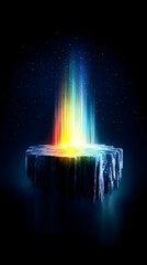 A vibrant rainbow beam erupts from a small, floating, icy island set against a dark, starry void