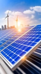 Close-up of solar panels on a rooftop, with wind turbines and a cityscape at sunset
