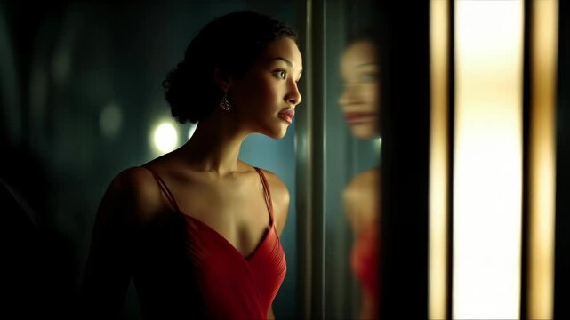 Pensive Woman Gazing at Reflection in Mirror, Wearing Elegant Red Dress with Spaghetti Straps and Sparkling Drop Earrings in Moody Lighting
