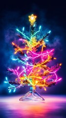Vibrant neon lights adorn a small Christmas tree on a dark background, creating a futuristic, festive glow with smoky effects