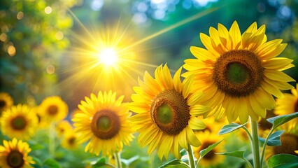 Fototapeta premium Bright sunflowers on the left against a vibrant green, sun-drenched background with lens flare.