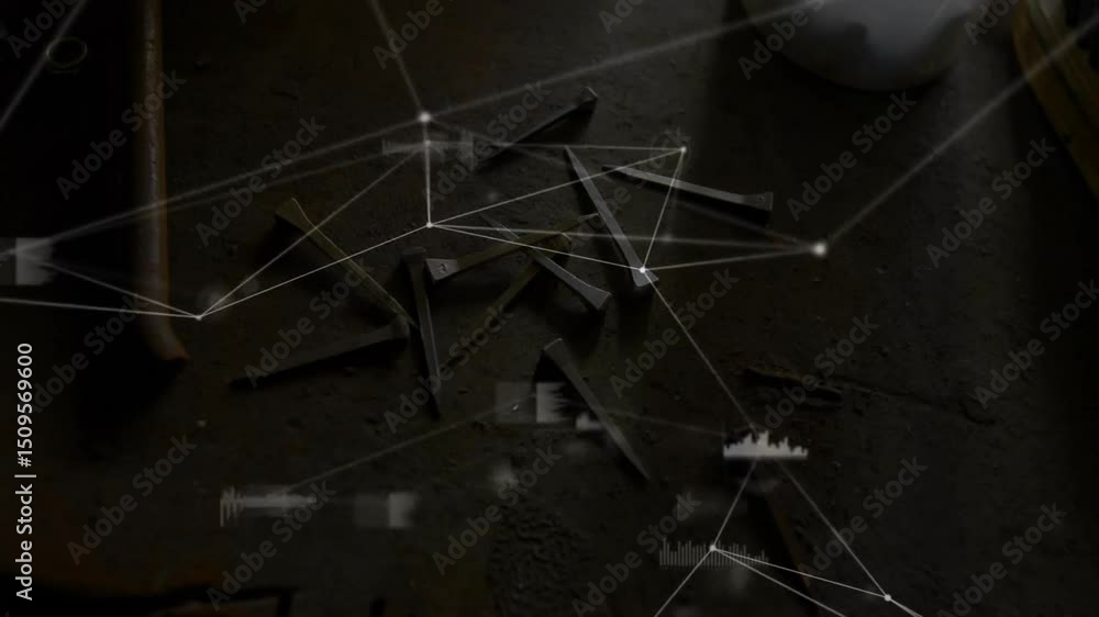 Poster fading interface reticles extending and pulsing to build rotating mesh showing iron nails analysis