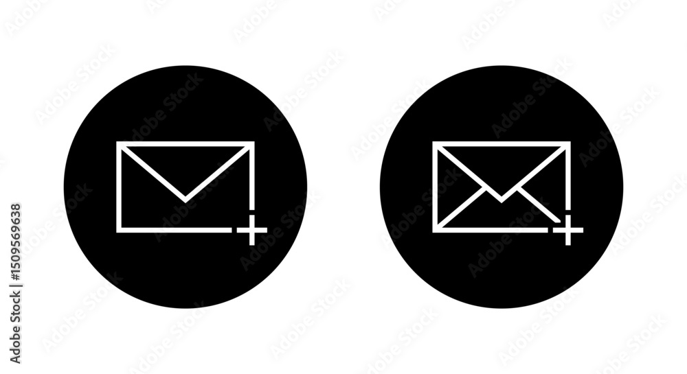 Aufkleber add envelope message outline icon on black circle. email, mail with plus sign symbol