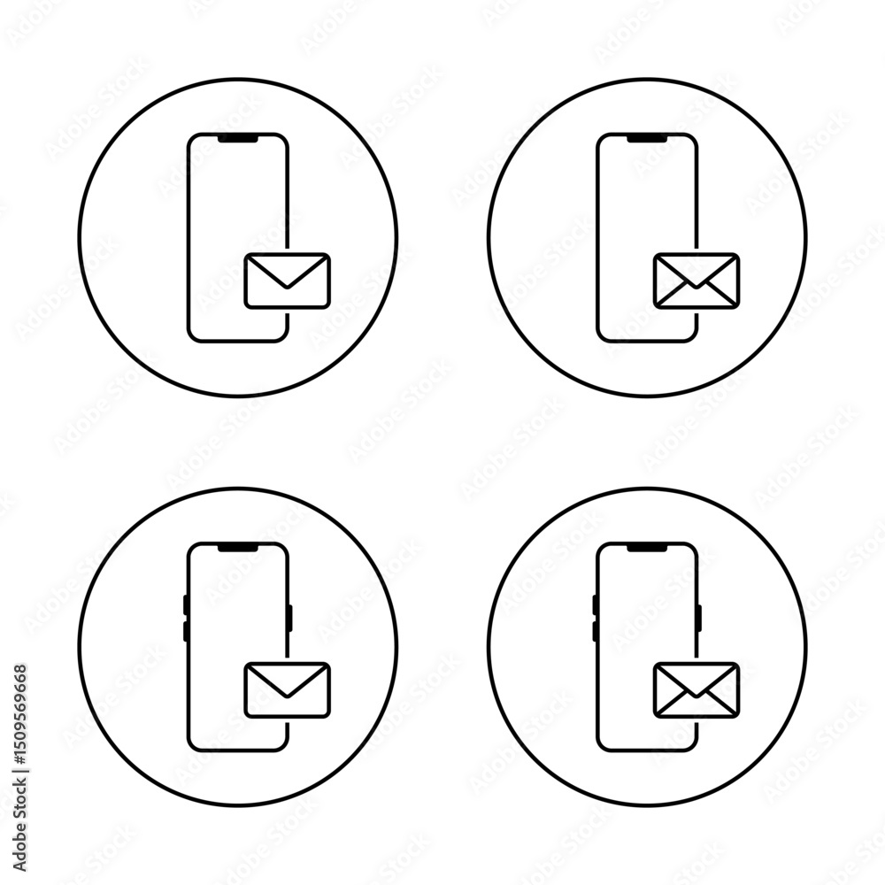 Poster smartphone with envelope message icon set on circle line. email on mobile phone screen sign symbol