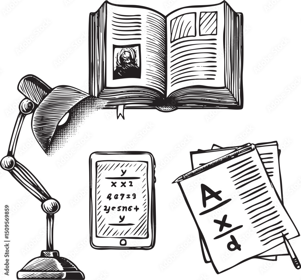 Aufkleber open book rests on a desk alongside a reading lamp and a smartphone displaying mathematical equation