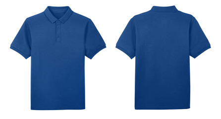 Blank collared blue shirt mock up template, front and back view, isolated on white background