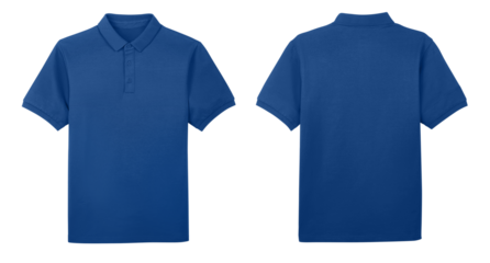 Blank collared blue shirt mock up template, front and back view, isolated on white background