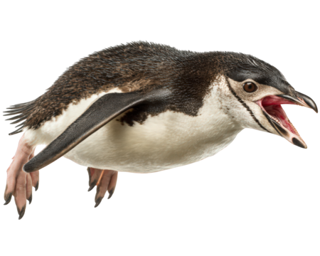 Penguin in mid air with its wings spread wide and playful expression, showcasing its unique features and vibrant colors. This lively creature embodies joy of nature and movement