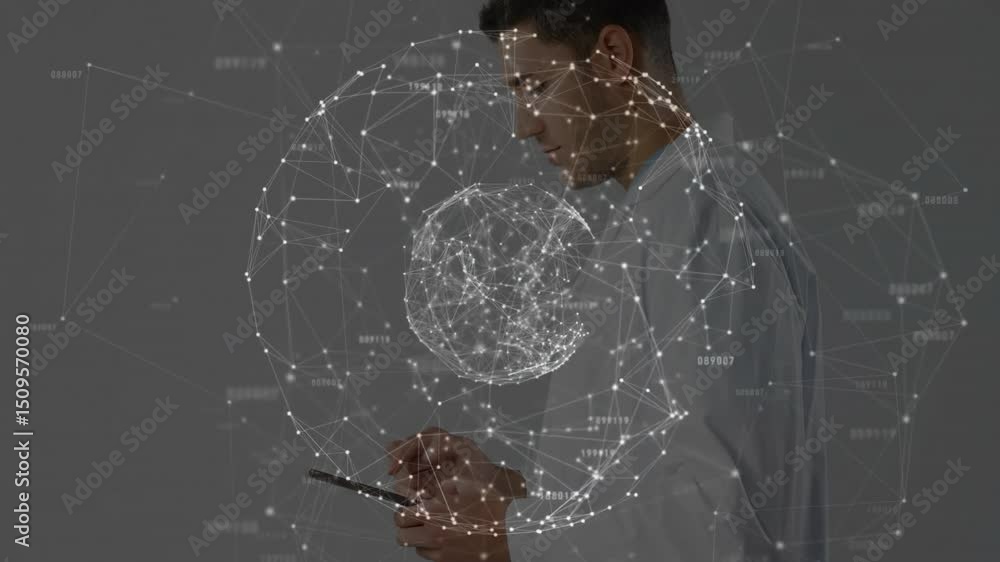Aufkleber male scientist tapping tablet, generating 3d network sphere pulsing for data visualization