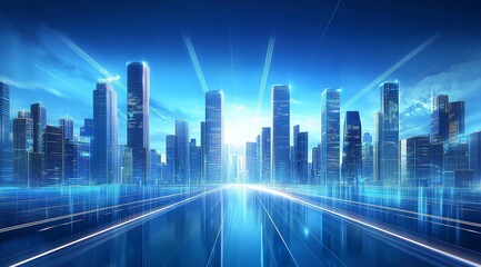 Futuristic Cityscape with Illuminated Skyscrapers and Radiant Light Beams