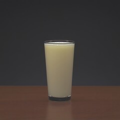 A Refreshing Glass of Beige Beverage on a Wooden Surface with Dark Backdrop