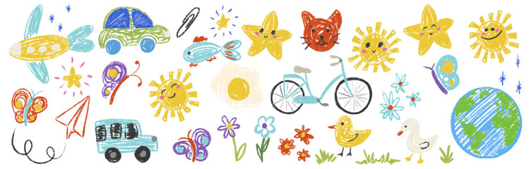Kids chalk drawings big set. Crayon freehand child baby hand drawn scribble nature elements: smile sun, flower, duck, car, earth, bicycle, butterfly. Cute pencil school vector illustration isolated