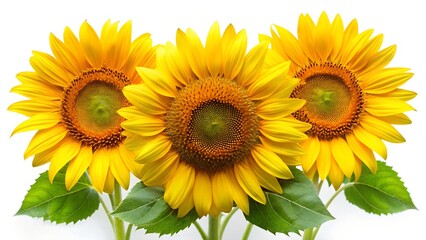 Obraz premium Three vibrant sunflowers with green leaves arranged on a pure white background. 