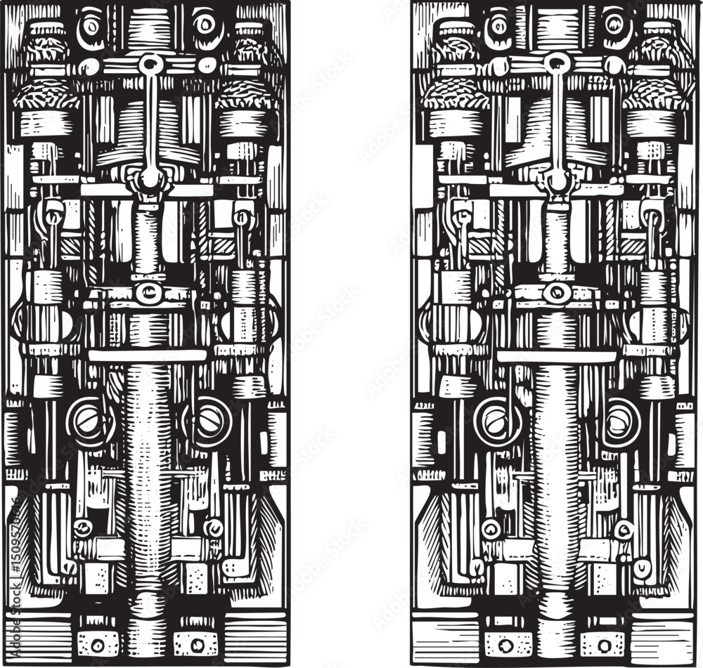 Poster two black and white mechanical gears interlock in a complex intricate .